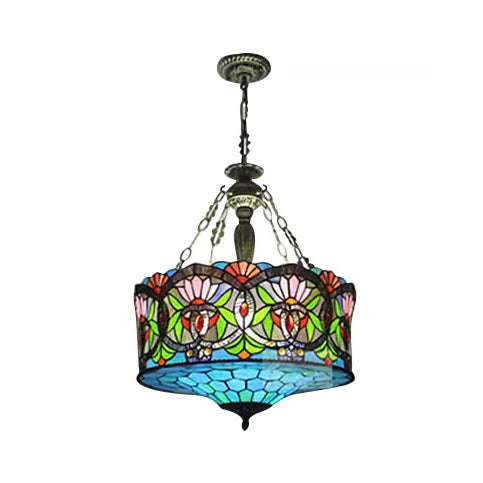 Living Room Ceiling Light LED, Stained Glass Drum Lighting Baroque Style, 18" W Clearhalo 'Ceiling Lights' 'Close To Ceiling Lights' 'Close to ceiling' 'Glass shade' 'Glass' 'Tiffany close to ceiling' 'Tiffany' Lighting' 10200