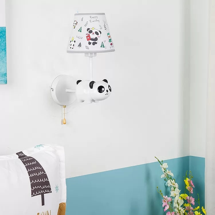 Kindergarten Panda Sconce Light with Fabric Shade Resin 1 Head Animal White Wall Lamp Clearhalo 'Wall Lamps & Sconces' 'Wall Lights' Lighting' 102157