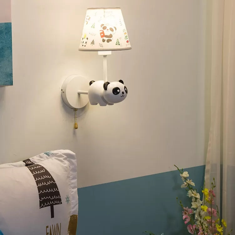 Kindergarten Panda Sconce Light with Fabric Shade Resin 1 Head Animal White Wall Lamp Clearhalo 'Wall Lamps & Sconces' 'Wall Lights' Lighting' 102158