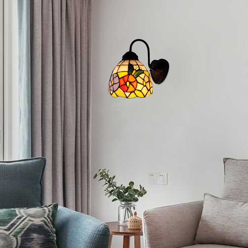 Black Dome Wall Mounted Light Victorian 1 Head Multicolor Stained Glass Sconce Light with Flower/Dragonfly Pattern Black Flower Clearhalo 'Wall Lamps & Sconces' 'Wall Lights' Lighting' 102302