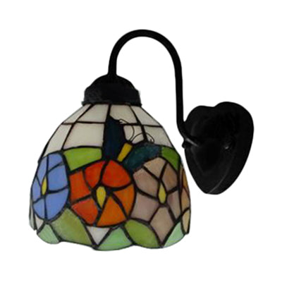 Black Dome Wall Mounted Light Victorian 1 Head Multicolor Stained Glass Sconce Light with Flower/Dragonfly Pattern Clearhalo 'Wall Lamps & Sconces' 'Wall Lights' Lighting' 102304