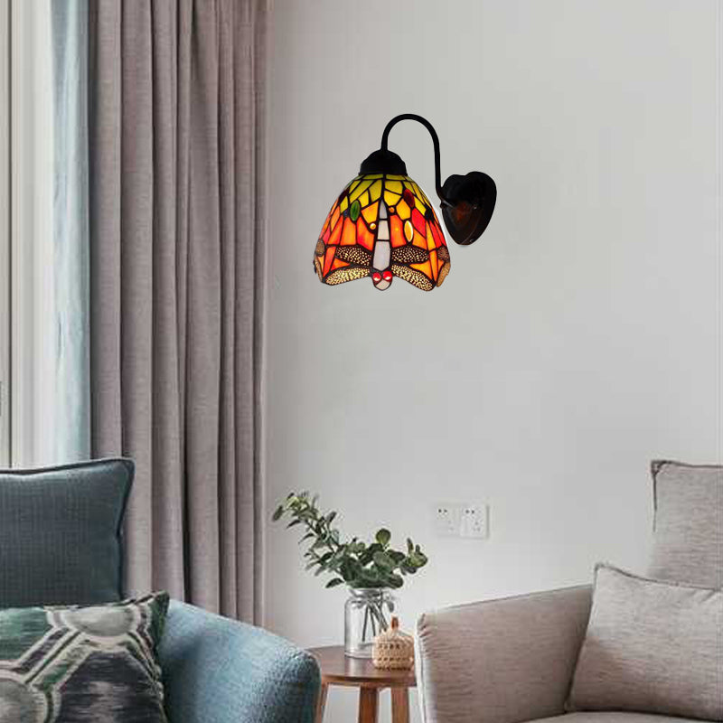 Black Dome Wall Mounted Light Victorian 1 Head Multicolor Stained Glass Sconce Light with Flower/Dragonfly Pattern Black Dragonfly Clearhalo 'Wall Lamps & Sconces' 'Wall Lights' Lighting' 102305