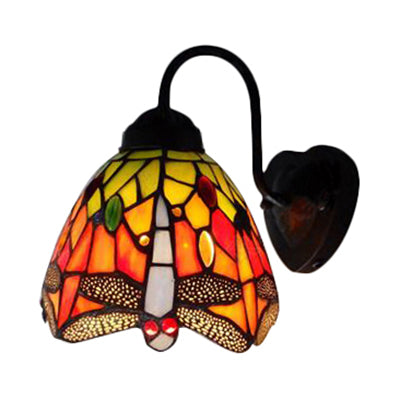 Black Dome Wall Mounted Light Victorian 1 Head Multicolor Stained Glass Sconce Light with Flower/Dragonfly Pattern Clearhalo 'Wall Lamps & Sconces' 'Wall Lights' Lighting' 102306