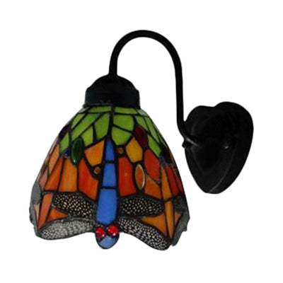 Black Dome Wall Mounted Light Victorian 1 Head Multicolor Stained Glass Sconce Light with Flower/Dragonfly Pattern Clearhalo 'Wall Lamps & Sconces' 'Wall Lights' Lighting' 102307