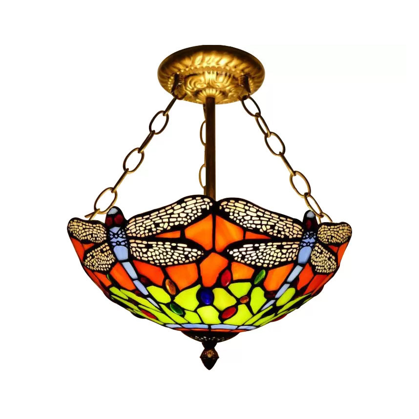 Baroque Style Ceiling Lighting LED, Dragonfly Semi Flush Light in Aged Brass with Stained Glass Shade for Bedroom Clearhalo 'Ceiling Lights' 'Close To Ceiling Lights' 'Close to ceiling' 'Glass shade' 'Glass' 'Semi-flushmount' 'Tiffany close to ceiling' 'Tiffany' Lighting' 10238