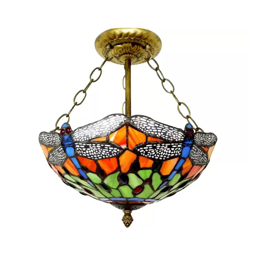 Baroque Style Ceiling Lighting LED, Dragonfly Semi Flush Light in Aged Brass with Stained Glass Shade for Bedroom Clearhalo 'Ceiling Lights' 'Close To Ceiling Lights' 'Close to ceiling' 'Glass shade' 'Glass' 'Semi-flushmount' 'Tiffany close to ceiling' 'Tiffany' Lighting' 10239