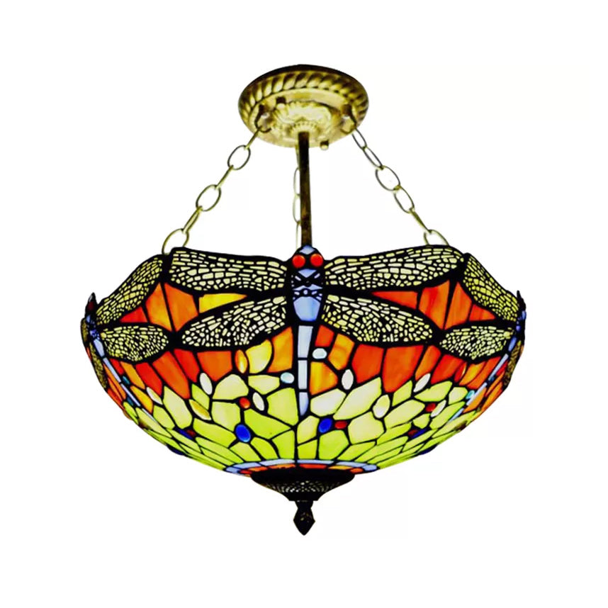 Baroque Style Ceiling Lighting LED, Dragonfly Semi Flush Light in Aged Brass with Stained Glass Shade for Bedroom Clearhalo 'Ceiling Lights' 'Close To Ceiling Lights' 'Close to ceiling' 'Glass shade' 'Glass' 'Semi-flushmount' 'Tiffany close to ceiling' 'Tiffany' Lighting' 10240