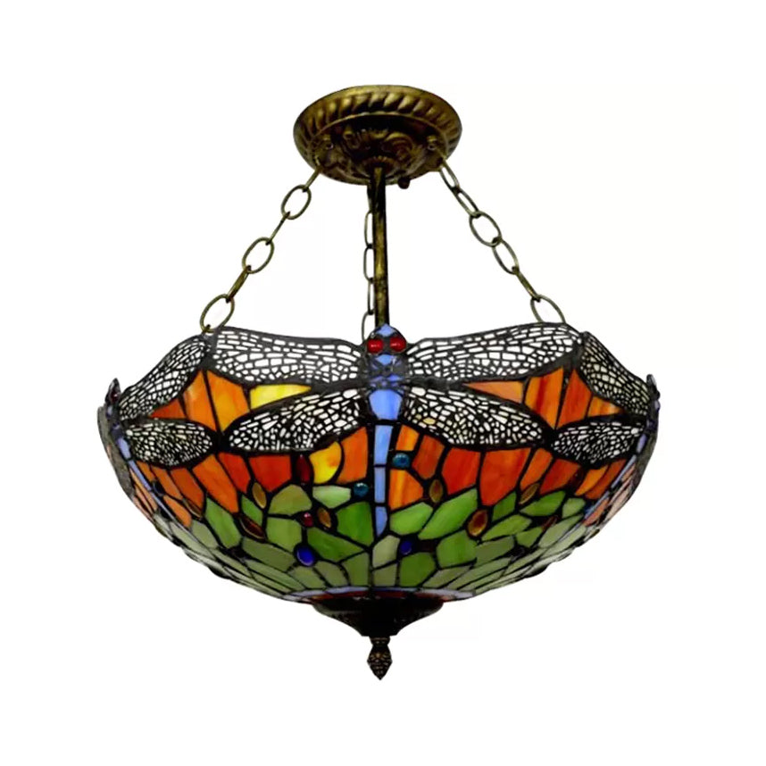 Baroque Style Ceiling Lighting LED, Dragonfly Semi Flush Light in Aged Brass with Stained Glass Shade for Bedroom Clearhalo 'Ceiling Lights' 'Close To Ceiling Lights' 'Close to ceiling' 'Glass shade' 'Glass' 'Semi-flushmount' 'Tiffany close to ceiling' 'Tiffany' Lighting' 10241