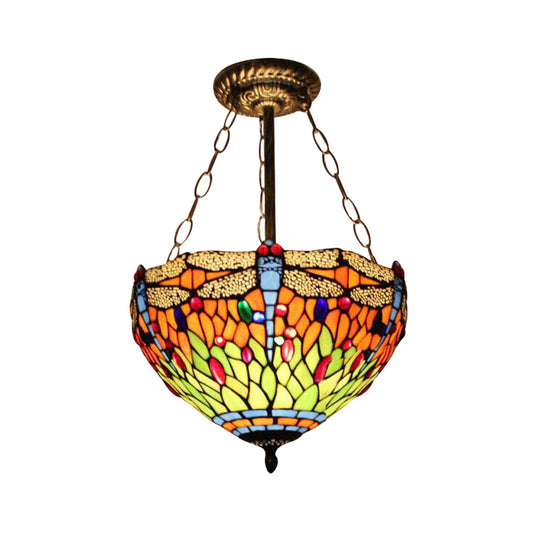 Baroque Style Ceiling Lighting LED, Dragonfly Semi Flush Light in Aged Brass with Stained Glass Shade for Bedroom Orange 12" Clearhalo 'Ceiling Lights' 'Close To Ceiling Lights' 'Close to ceiling' 'Glass shade' 'Glass' 'Semi-flushmount' 'Tiffany close to ceiling' 'Tiffany' Lighting' 10243