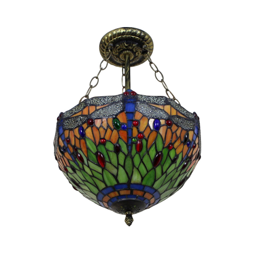 Baroque Style Ceiling Lighting LED, Dragonfly Semi Flush Light in Aged Brass with Stained Glass Shade for Bedroom Clearhalo 'Ceiling Lights' 'Close To Ceiling Lights' 'Close to ceiling' 'Glass shade' 'Glass' 'Semi-flushmount' 'Tiffany close to ceiling' 'Tiffany' Lighting' 10244