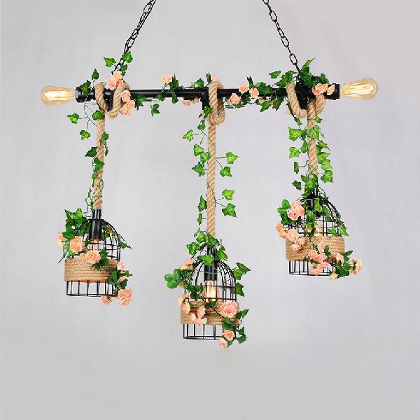 Birdcage Metal Island Light Vintage 5 Bulbs Restaurant Pendant Lighting with Hemp Rope in Black Finish Clearhalo 'Ceiling Lights' 'Island Lights' Lighting' 102462