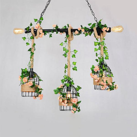 Birdcage Metal Island Light Vintage 5 Bulbs Restaurant Pendant Lighting with Hemp Rope in Black Finish Clearhalo 'Ceiling Lights' 'Island Lights' Lighting' 102462