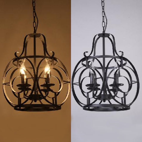 Iron Lantern Cage Suspension Light Vintage Stylish 4 Bulbs Restaurant Chandelier Pendant Light in Black Clearhalo 'Ceiling Lights' 'Chandeliers' Lighting' options 102606