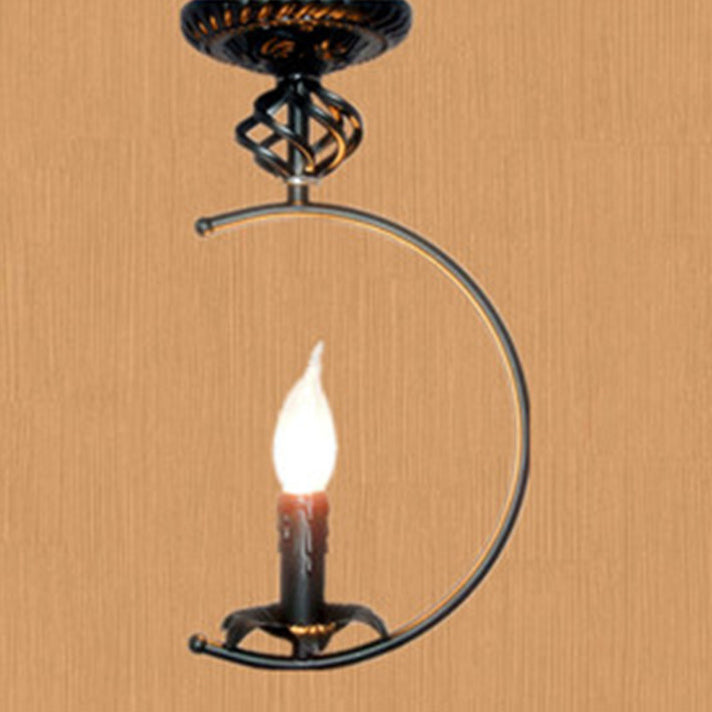 Metal Flameless Candle Semi-Flush Ceiling Light Vintage 1 Bulb Bedroom Ceiling Lamp with Circle Shape in Black Clearhalo 'Ceiling Lights' 'Close To Ceiling Lights' 'Close to ceiling' 'Semi-flushmount' Lighting' 102639