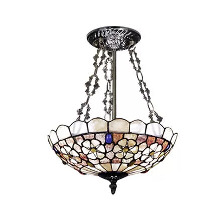 LED Bedroom Ceiling Light, 3 Lights Hollow-out Semi Flush Light in Aged Brass with Rod and Art Glass Shade Tiffany Style Clearhalo 'Ceiling Lights' 'Close To Ceiling Lights' 'Close to ceiling' 'Semi-flushmount' 'Tiffany close to ceiling' 'Tiffany' Lighting' 10274
