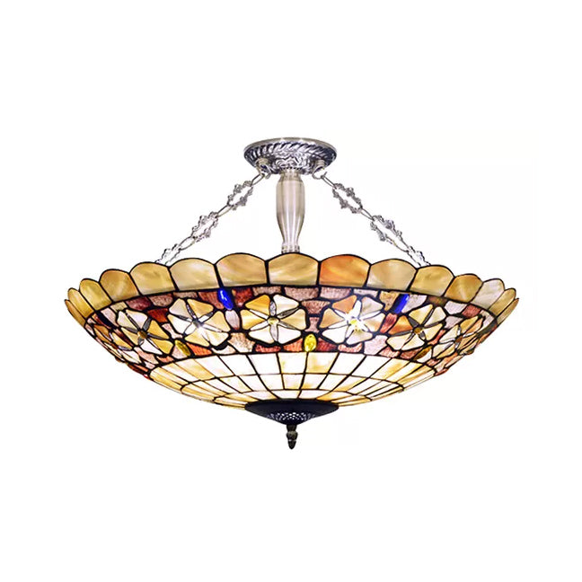 LED Bedroom Ceiling Light, 3 Lights Hollow-out Semi Flush Light in Aged Brass with Rod and Art Glass Shade Tiffany Style Beige 18" Clearhalo 'Ceiling Lights' 'Close To Ceiling Lights' 'Close to ceiling' 'Semi-flushmount' 'Tiffany close to ceiling' 'Tiffany' Lighting' 10275