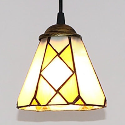 Tapered Hanging Lamp 1 Bulb Beige Stained Glass Tiffany-Style Pendant Light Fixture for Bedroom Beige Clearhalo 'Ceiling Lights' 'Chandeliers' 'Industrial' 'Middle Century Pendants' 'Pendant Lights' 'Pendants' 'Tiffany close to ceiling' 'Tiffany Pendants' 'Tiffany' Lighting' 102861