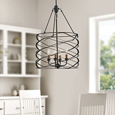 Black Cylindrical Hanging Lamp with Cage Shade Industrial Iron 4 Bulbs Dining Room Chandelier Light Fixture Clearhalo 'Ceiling Lights' 'Chandeliers' 'Close To Ceiling Lights' 'Glass shade' 'Glass' 'Industrial Chandeliers' 'Industrial' 'Middle Century Chandeliers' 'Tiffany' Lighting' 103022