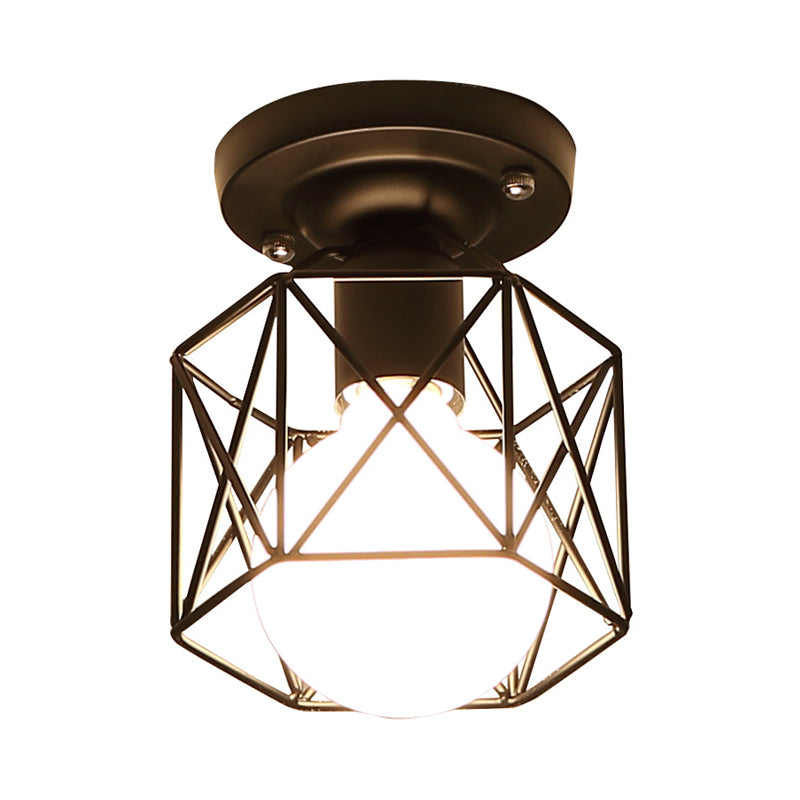 Black Hexagon Cage Flush Mount Lighting Modern Iron 1 Bulb Kitchen Flushmount Ceiling Lamp Clearhalo 'Ceiling Lights' 'Close To Ceiling Lights' 'Close to ceiling' 'Flush mount' Lighting' 1030351