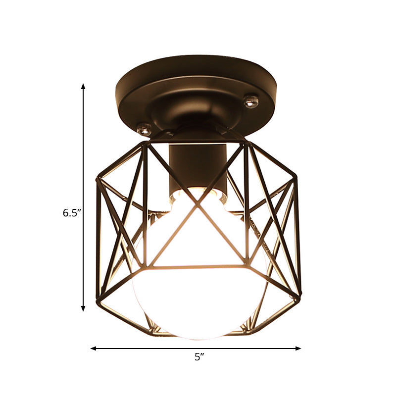 Black Hexagon Cage Flush Mount Lighting Modern Iron 1 Bulb Kitchen Flushmount Ceiling Lamp Clearhalo 'Ceiling Lights' 'Close To Ceiling Lights' 'Close to ceiling' 'Flush mount' Lighting' 1030352