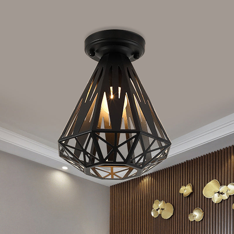 1-Light Flush Mount Ceiling Light Fixture Simple Small Diamond Cage Iron Flushmount in Black/White Clearhalo 'Ceiling Lights' 'Close To Ceiling Lights' 'Close to ceiling' 'Flush mount' Lighting' 1030358