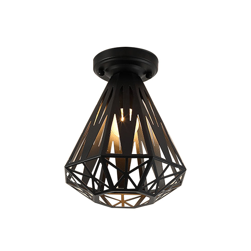 1-Light Flush Mount Ceiling Light Fixture Simple Small Diamond Cage Iron Flushmount in Black/White Clearhalo 'Ceiling Lights' 'Close To Ceiling Lights' 'Close to ceiling' 'Flush mount' Lighting' 1030359