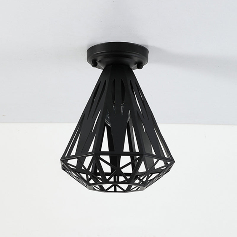 1-Light Flush Mount Ceiling Light Fixture Simple Small Diamond Cage Iron Flushmount in Black/White Clearhalo 'Ceiling Lights' 'Close To Ceiling Lights' 'Close to ceiling' 'Flush mount' Lighting' 1030360