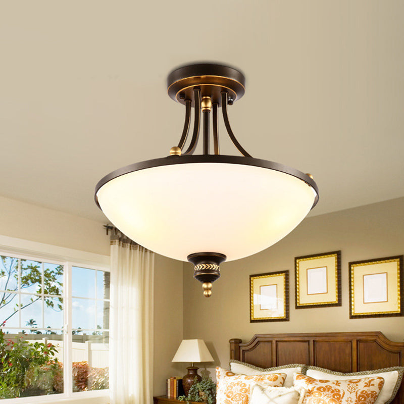 3 Bulbs Close to Ceiling Lighting Classic Bowl Shade Cream Glass Semi Flush Light Fixture in Black Black Clearhalo 'Ceiling Lights' 'Close To Ceiling Lights' 'Close to ceiling' 'Glass shade' 'Glass' 'Semi-flushmount' Lighting' 1030365