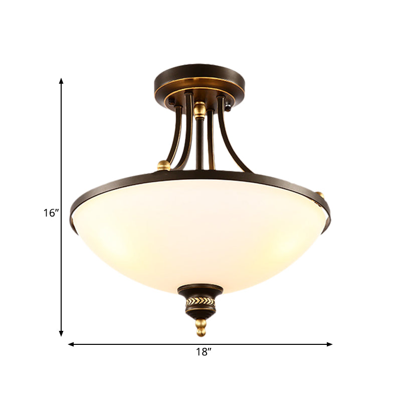 3 Bulbs Close to Ceiling Lighting Classic Bowl Shade Cream Glass Semi Flush Light Fixture in Black Clearhalo 'Ceiling Lights' 'Close To Ceiling Lights' 'Close to ceiling' 'Glass shade' 'Glass' 'Semi-flushmount' Lighting' 1030368