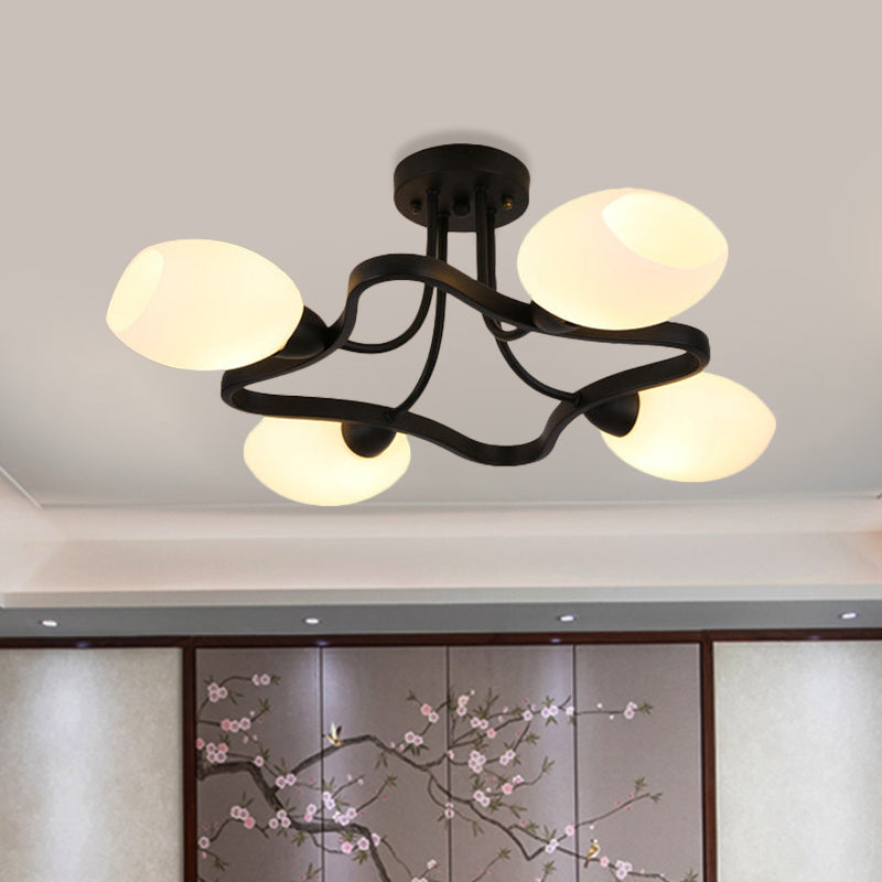 4/6 Lights Flower Semi Flush Mount Rustic Black Opal Ball Glass Ceiling Mount Chandelier 4 Black Clearhalo 'Ceiling Lights' 'Close To Ceiling Lights' 'Close to ceiling' 'Glass shade' 'Glass' 'Semi-flushmount' Lighting' 1030377