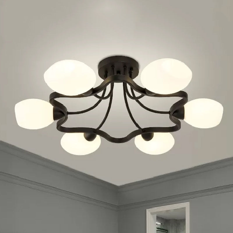 4/6 Lights Flower Semi Flush Mount Rustic Black Opal Ball Glass Ceiling Mount Chandelier 6 Black Clearhalo 'Ceiling Lights' 'Close To Ceiling Lights' 'Close to ceiling' 'Glass shade' 'Glass' 'Semi-flushmount' Lighting' 1030381