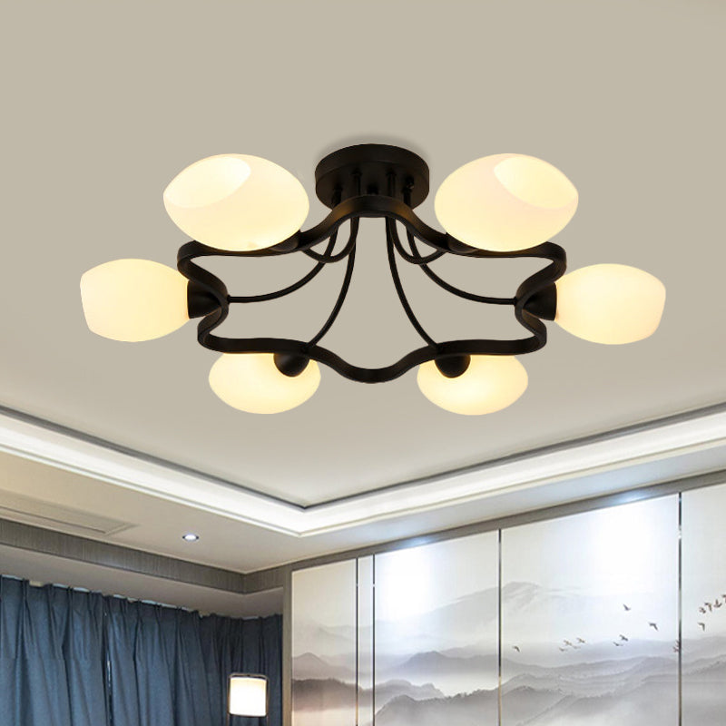 4/6 Lights Flower Semi Flush Mount Rustic Black Opal Ball Glass Ceiling Mount Chandelier Clearhalo 'Ceiling Lights' 'Close To Ceiling Lights' 'Close to ceiling' 'Glass shade' 'Glass' 'Semi-flushmount' Lighting' 1030382