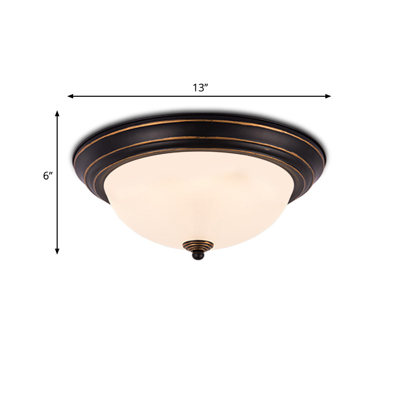 Countryside Semi-Sphere Flush Ceiling Light Milky Glass LED Flush Mount Lighting in Black for Study Room, 13"/15" W Clearhalo 'Ceiling Lights' 'Close To Ceiling Lights' 'Close to ceiling' 'Flush mount' Lighting' 1030398