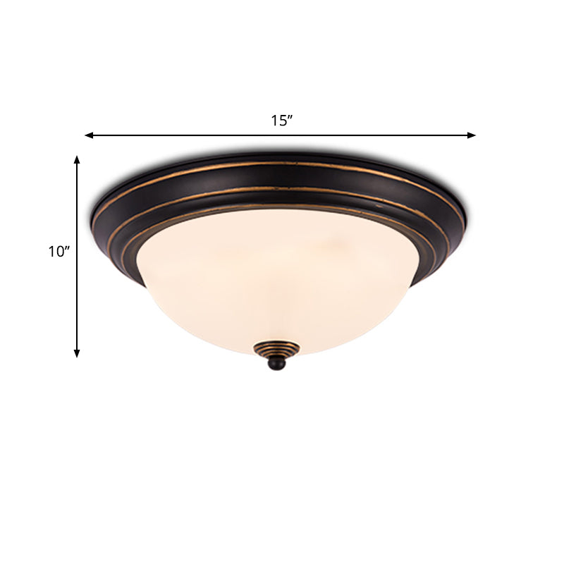 Countryside Semi-Sphere Flush Ceiling Light Milky Glass LED Flush Mount Lighting in Black for Study Room, 13"/15" W Clearhalo 'Ceiling Lights' 'Close To Ceiling Lights' 'Close to ceiling' 'Flush mount' Lighting' 1030399