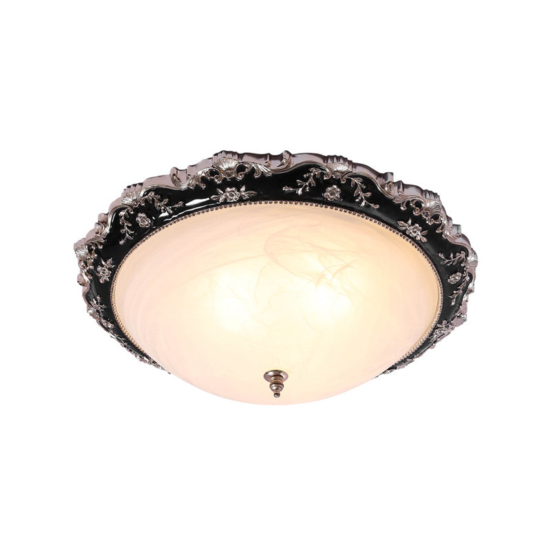 Opal Glass Bowl-Like Ceiling Light Fixture Countryside 1/2-Bulb 14"/19.5" Wide Bedroom Flush Mount Lighting in Black and Gold Clearhalo 'Ceiling Lights' 'Close To Ceiling Lights' 'Close to ceiling' 'Flush mount' Lighting' 1030426