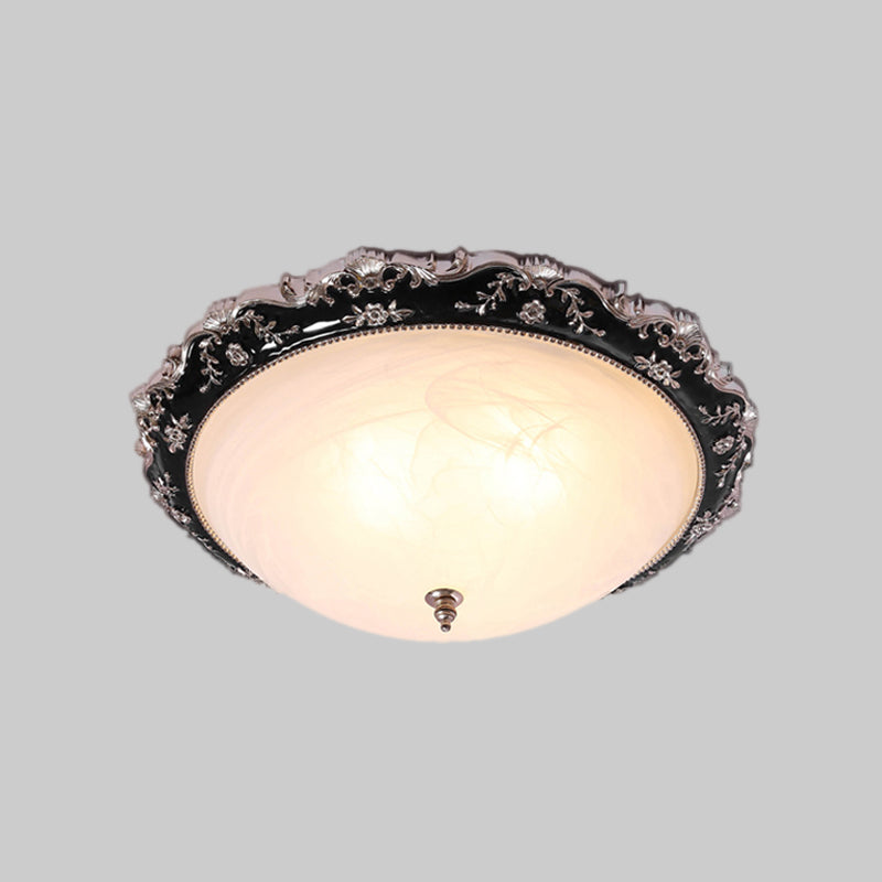 Opal Glass Bowl-Like Ceiling Light Fixture Countryside 1/2-Bulb 14"/19.5" Wide Bedroom Flush Mount Lighting in Black and Gold Clearhalo 'Ceiling Lights' 'Close To Ceiling Lights' 'Close to ceiling' 'Flush mount' Lighting' 1030427