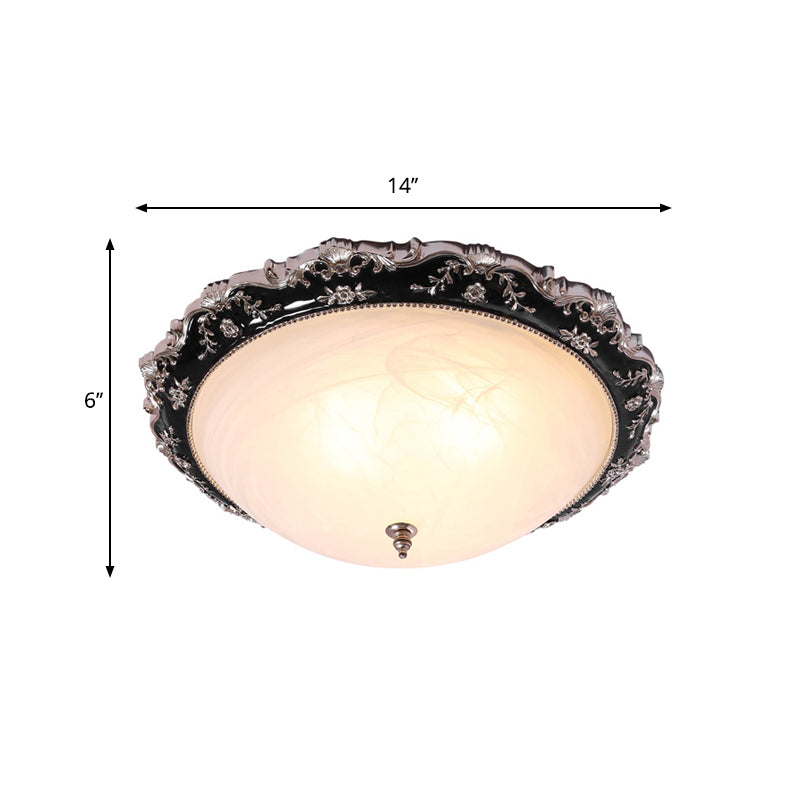 Opal Glass Bowl-Like Ceiling Light Fixture Countryside 1/2-Bulb 14"/19.5" Wide Bedroom Flush Mount Lighting in Black and Gold Clearhalo 'Ceiling Lights' 'Close To Ceiling Lights' 'Close to ceiling' 'Flush mount' Lighting' 1030428