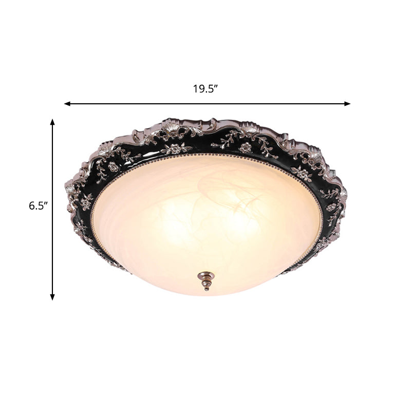 Opal Glass Bowl-Like Ceiling Light Fixture Countryside 1/2-Bulb 14"/19.5" Wide Bedroom Flush Mount Lighting in Black and Gold Clearhalo 'Ceiling Lights' 'Close To Ceiling Lights' 'Close to ceiling' 'Flush mount' Lighting' 1030429