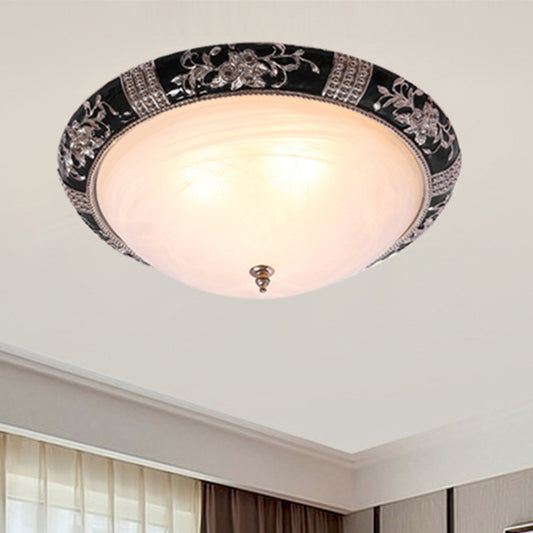 Black-Gold Semi-Orb Flush Mount Lamp Classic Satin Glass 1/2-Light 14"/19.5" W Hallway Ceiling Fixture Black-Gold Clearhalo 'Ceiling Lights' 'Close To Ceiling Lights' 'Close to ceiling' 'Flush mount' Lighting' 1030430