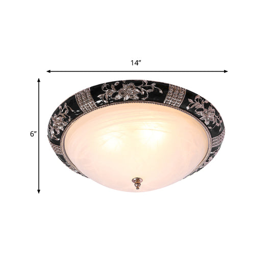 Black-Gold Semi-Orb Flush Mount Lamp Classic Satin Glass 1/2-Light 14"/19.5" W Hallway Ceiling Fixture Clearhalo 'Ceiling Lights' 'Close To Ceiling Lights' 'Close to ceiling' 'Flush mount' Lighting' 1030433