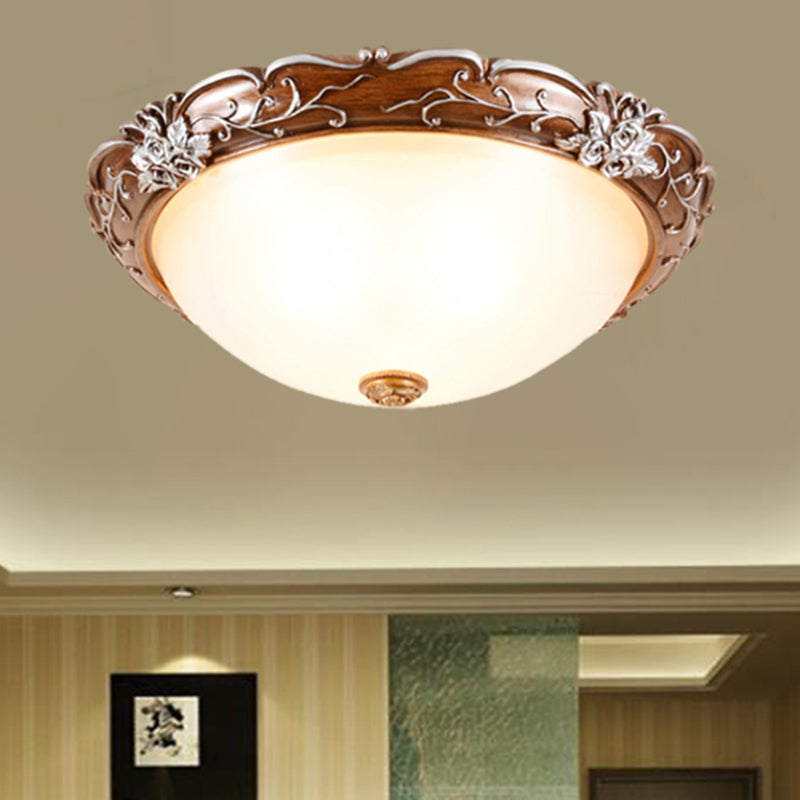 Milky Glass Brown Ceiling Lamp Semi-Spherical 3 Bulbs Countryside Flush Mount Lighting with Flower Pattern Brown Clearhalo 'Ceiling Lights' 'Close To Ceiling Lights' 'Close to ceiling' 'Flush mount' Lighting' 1030443