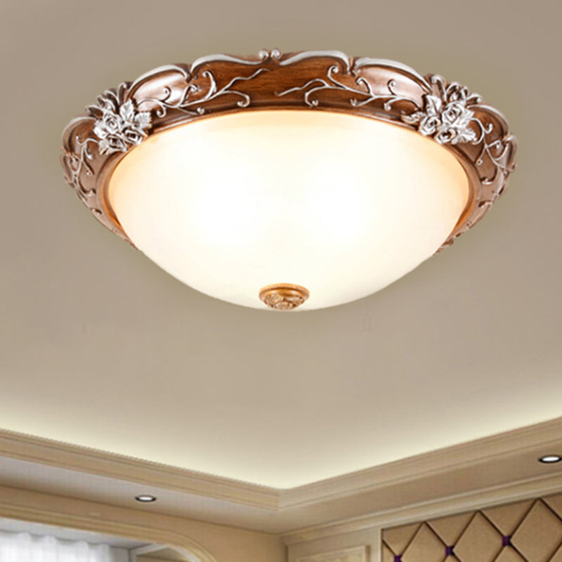 Milky Glass Brown Ceiling Lamp Semi-Spherical 3 Bulbs Countryside Flush Mount Lighting with Flower Pattern Clearhalo 'Ceiling Lights' 'Close To Ceiling Lights' 'Close to ceiling' 'Flush mount' Lighting' 1030444