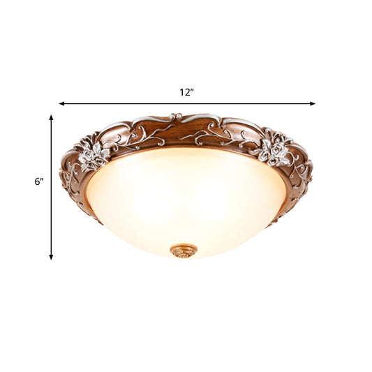 Milky Glass Brown Ceiling Lamp Semi-Spherical 3 Bulbs Countryside Flush Mount Lighting with Flower Pattern Clearhalo 'Ceiling Lights' 'Close To Ceiling Lights' 'Close to ceiling' 'Flush mount' Lighting' 1030446