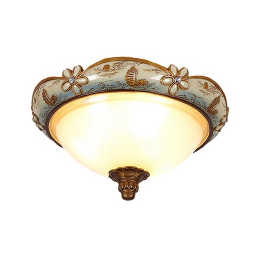 Blue-White Single Light Flush Mount Vintage Opaline Glass Dome Ceiling Lamp with Bloom Decoration Clearhalo 'Ceiling Lights' 'Close To Ceiling Lights' 'Close to ceiling' 'Flush mount' Lighting' 1030448