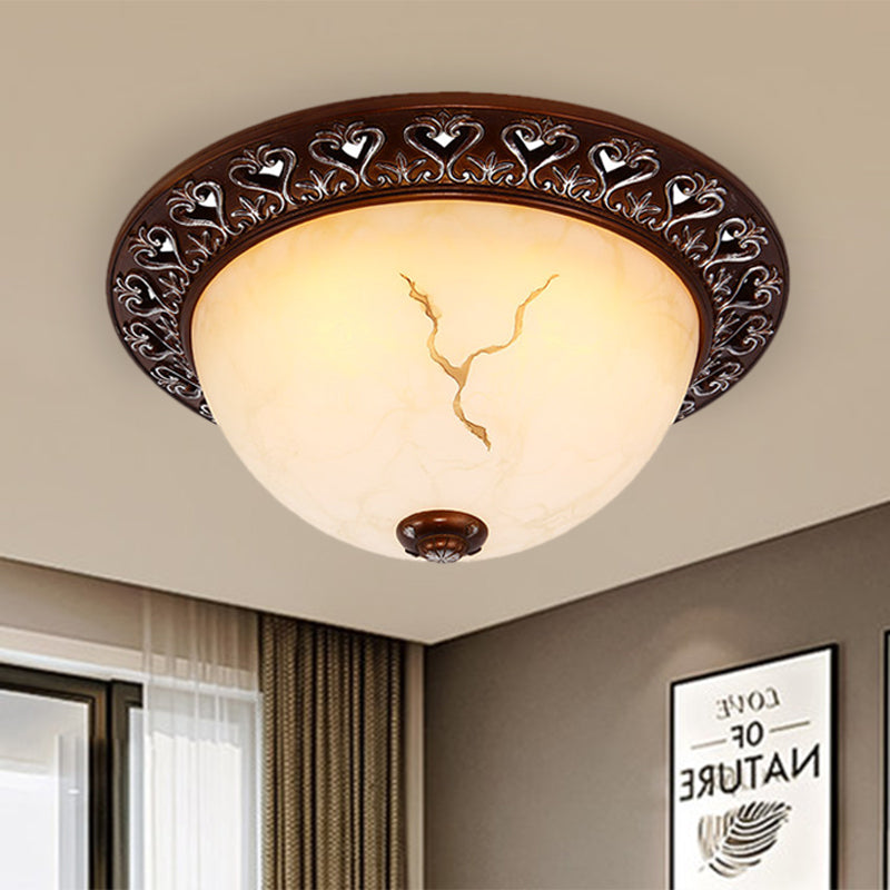 Retro Bowl-Like Flush Mounted Light 2/3/4-Bulb Crackle Glass Ceiling Fixture in Coffee for Balcony, 12"/16"/19.5" W Clearhalo 'Ceiling Lights' 'Close To Ceiling Lights' 'Close to ceiling' 'Flush mount' Lighting' 1030463