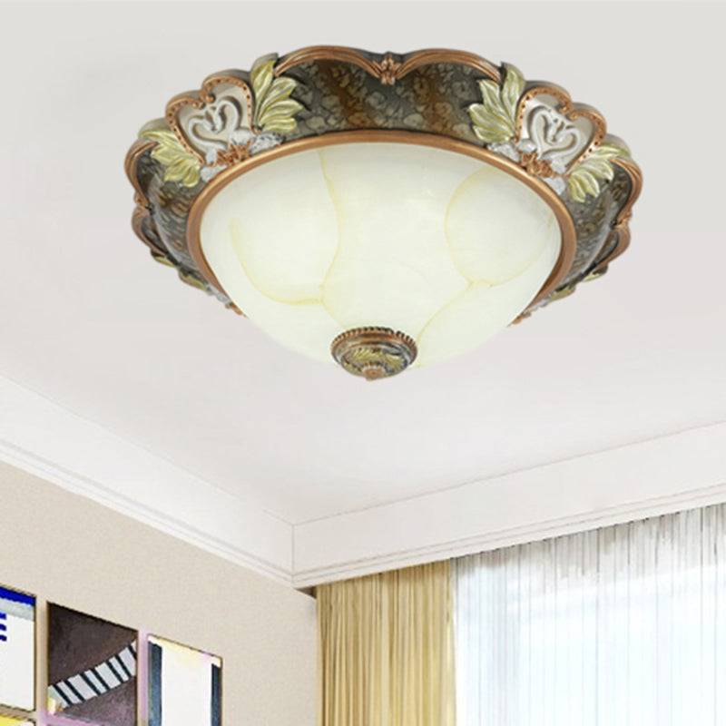 Bowl Shape Resin Ceiling Light Fixture Vintage 2/3 Heads 13"/17"/19.5" Wide Hallway Flush Mount Lamp in Brass Clearhalo 'Ceiling Lights' 'Close To Ceiling Lights' 'Close to ceiling' 'Flush mount' Lighting' 1030483