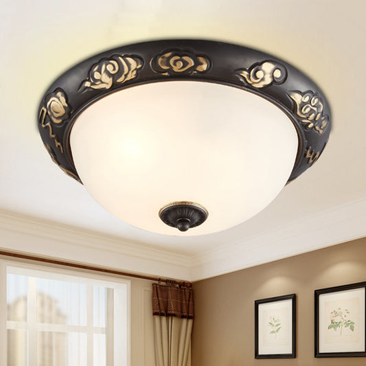 15"/19.5" Wide Milk Glass Black-Gold Ceiling Lamp Dome Shape 3/4 Lights Retro Flush Mount Fixture for Bedroom Black-Gold Clearhalo 'Ceiling Lights' 'Close To Ceiling Lights' 'Close to ceiling' 'Flush mount' Lighting' 1030494