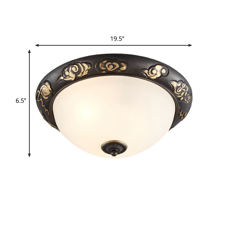 15"/19.5" Wide Milk Glass Black-Gold Ceiling Lamp Dome Shape 3/4 Lights Retro Flush Mount Fixture for Bedroom Clearhalo 'Ceiling Lights' 'Close To Ceiling Lights' 'Close to ceiling' 'Flush mount' Lighting' 1030498