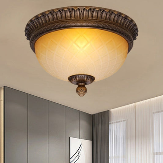 Lattice Glass Bowl Flush Mount Lamp Countryside 2 Bulbs Child Room Ceiling Flush in Coffee Coffee Clearhalo 'Ceiling Lights' 'Close To Ceiling Lights' 'Close to ceiling' 'Flush mount' Lighting' 1030521