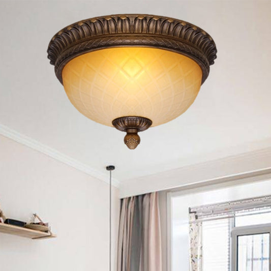 Lattice Glass Bowl Flush Mount Lamp Countryside 2 Bulbs Child Room Ceiling Flush in Coffee Clearhalo 'Ceiling Lights' 'Close To Ceiling Lights' 'Close to ceiling' 'Flush mount' Lighting' 1030522